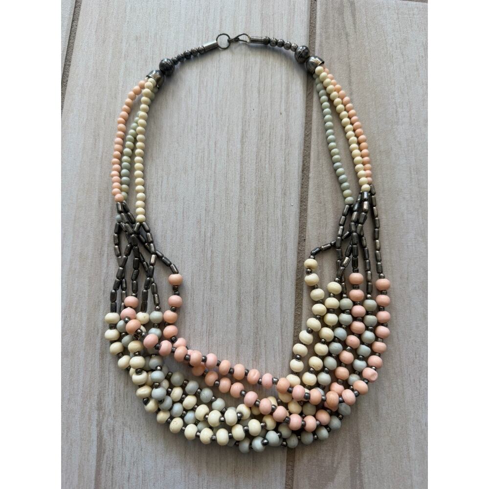 Boho Multi Strand Beaded Necklace Pastel Peach Green Layered Statement